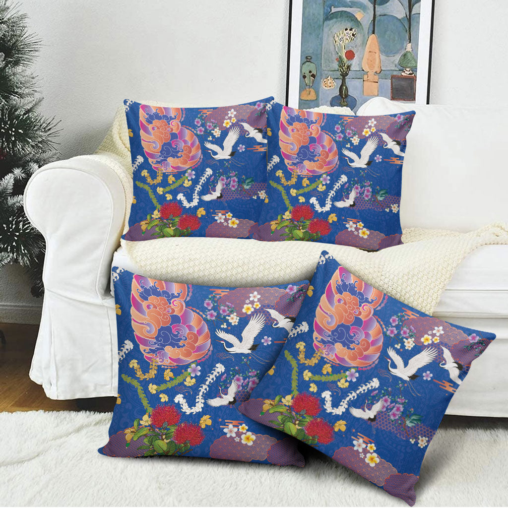 Hawaiian and Japanese Culture Together Pillow Cover Kakau Tribal Pattern and Irezumi Art Blue Color