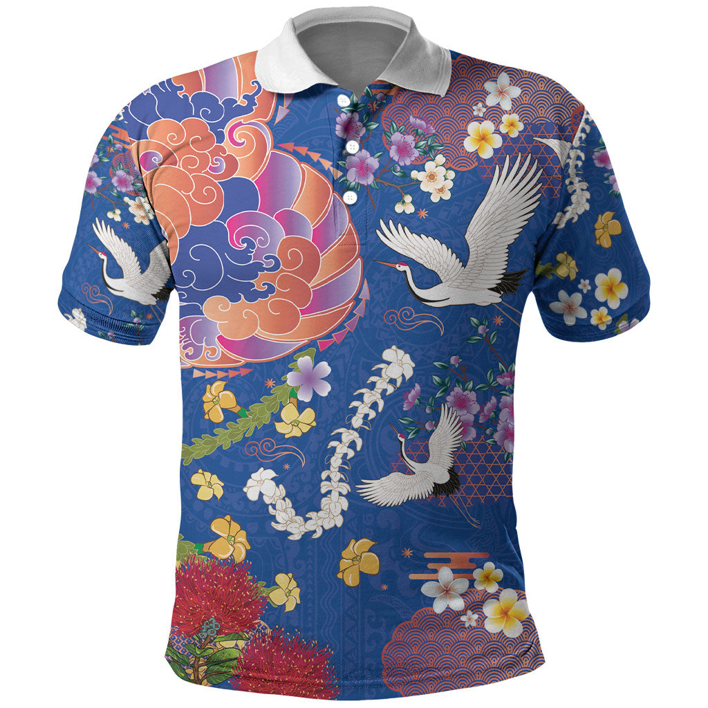 Hawaiian and Japanese Culture Together Polo Shirt Kakau Tribal Pattern and Irezumi Art Blue Color