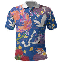 Hawaiian and Japanese Culture Together Polo Shirt Kakau Tribal Pattern and Irezumi Art Blue Color