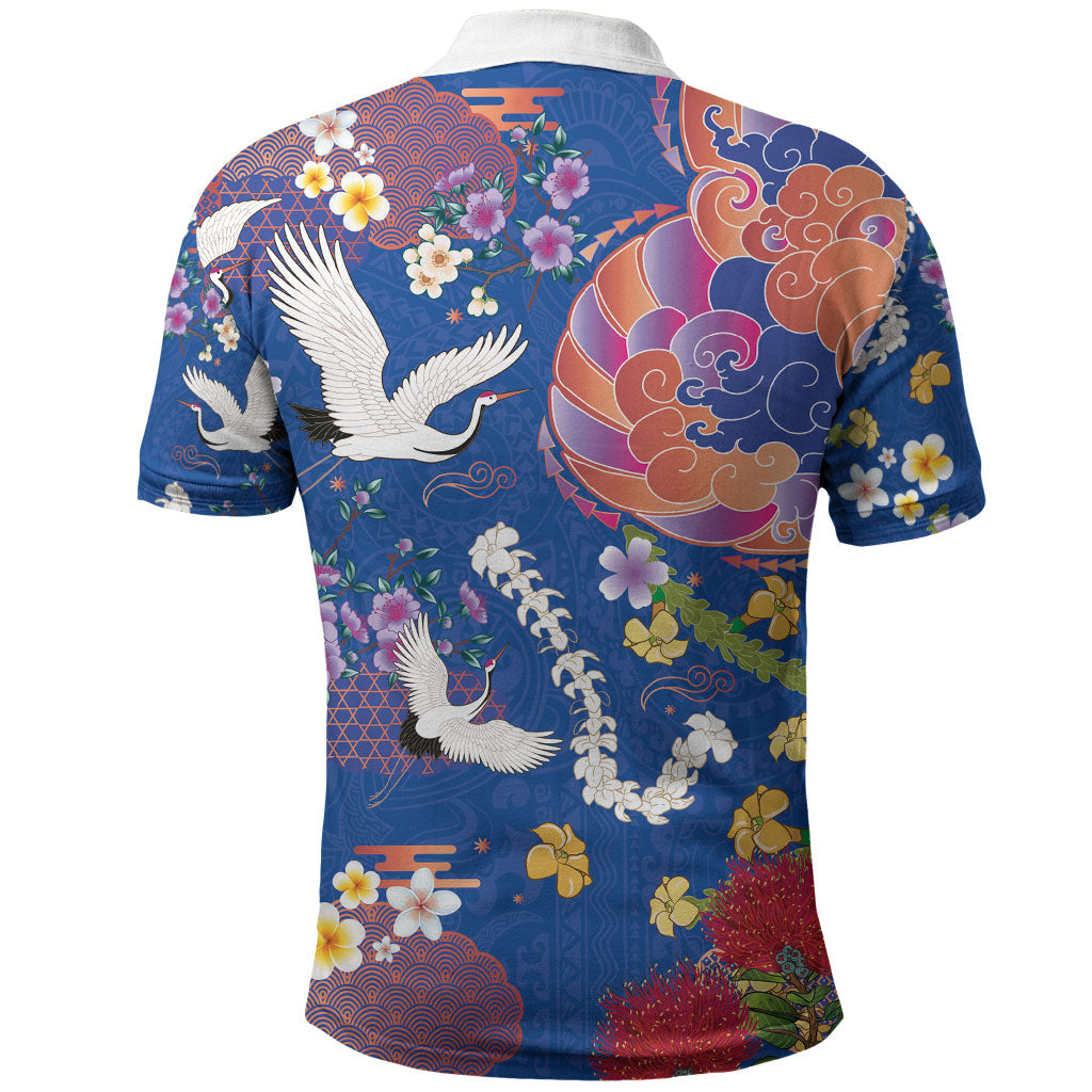 Hawaiian and Japanese Culture Together Polo Shirt Kakau Tribal Pattern and Irezumi Art Blue Color