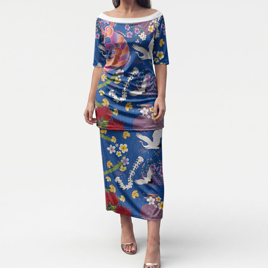 Hawaiian and Japanese Culture Together Puletasi Kakau Tribal Pattern and Irezumi Art Blue Color