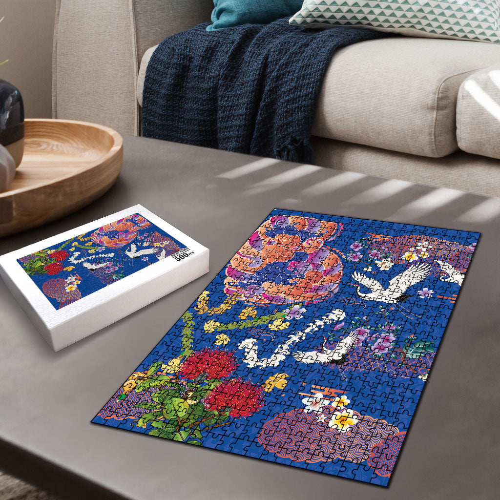 Hawaiian and Japanese Culture Together Puzzle Kakau Tribal Pattern and Irezumi Art Blue Color