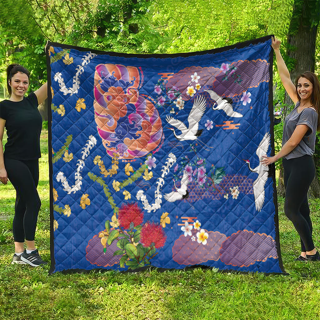 Hawaiian and Japanese Culture Together Quilt Kakau Tribal Pattern and Irezumi Art Blue Color