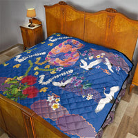 Hawaiian and Japanese Culture Together Quilt Kakau Tribal Pattern and Irezumi Art Blue Color