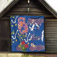 Hawaiian and Japanese Culture Together Quilt Kakau Tribal Pattern and Irezumi Art Blue Color