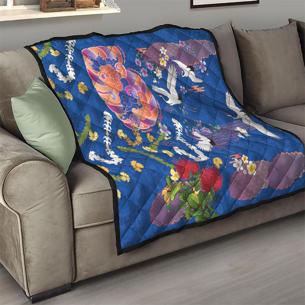 Hawaiian and Japanese Culture Together Quilt Kakau Tribal Pattern and Irezumi Art Blue Color