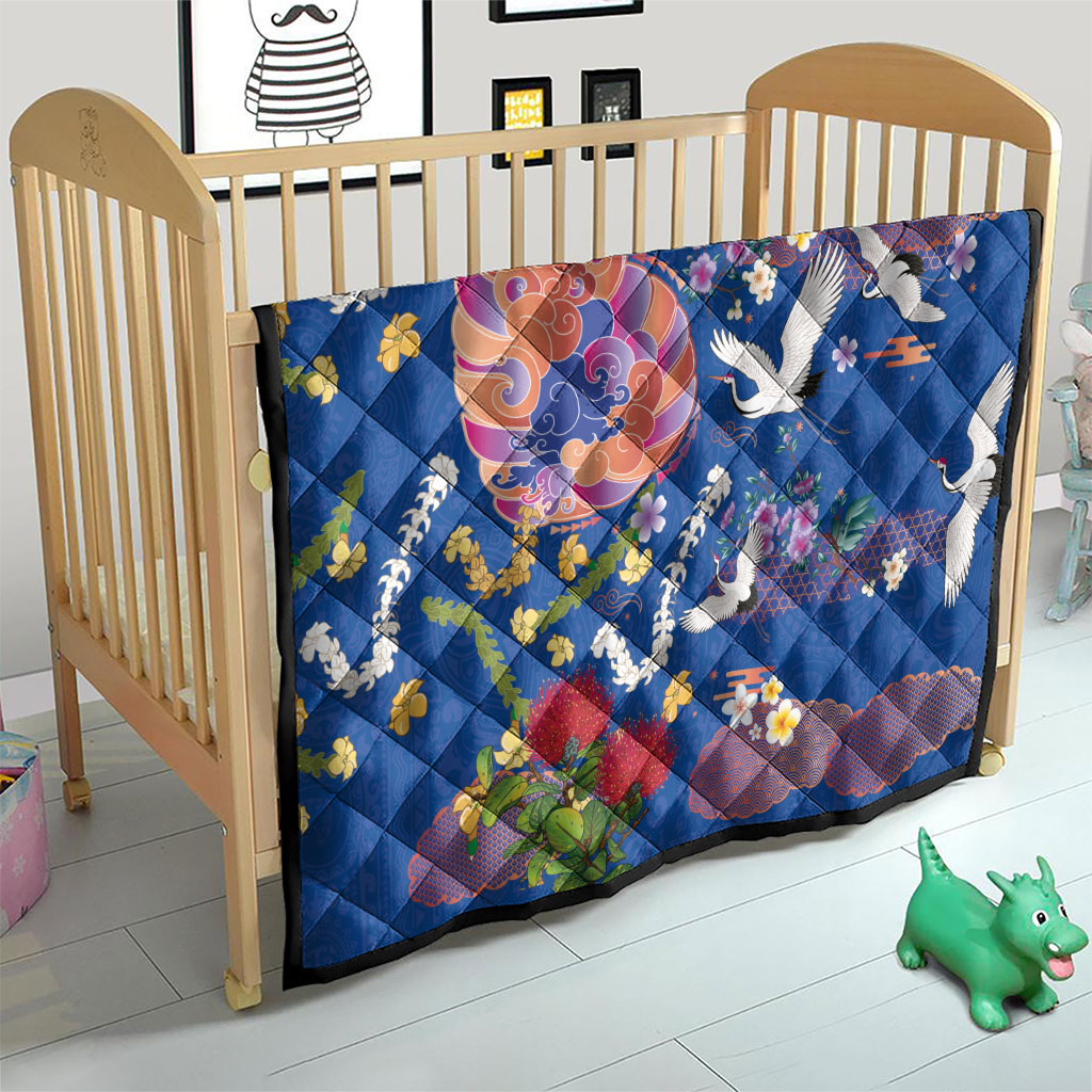 Hawaiian and Japanese Culture Together Quilt Kakau Tribal Pattern and Irezumi Art Blue Color