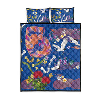 Hawaiian and Japanese Culture Together Quilt Bed Set Kakau Tribal Pattern and Irezumi Art Blue Color