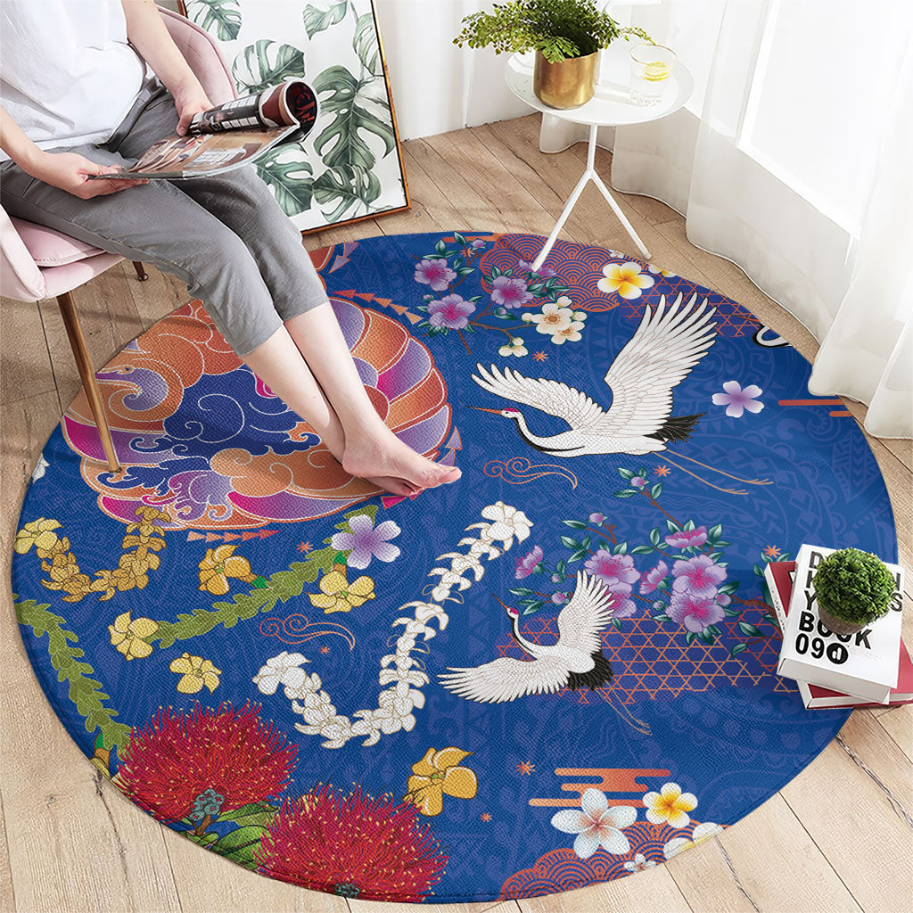 Hawaiian and Japanese Culture Together Round Carpet Kakau Tribal Pattern and Irezumi Art Blue Color