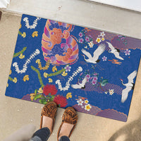 Hawaiian and Japanese Culture Together Rubber Doormat Kakau Tribal Pattern and Irezumi Art Blue Color