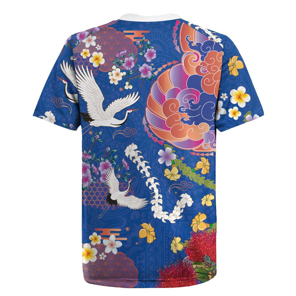 Hawaiian and Japanese Culture Together Rugby Jersey Kakau Tribal Pattern and Irezumi Art Blue Color
