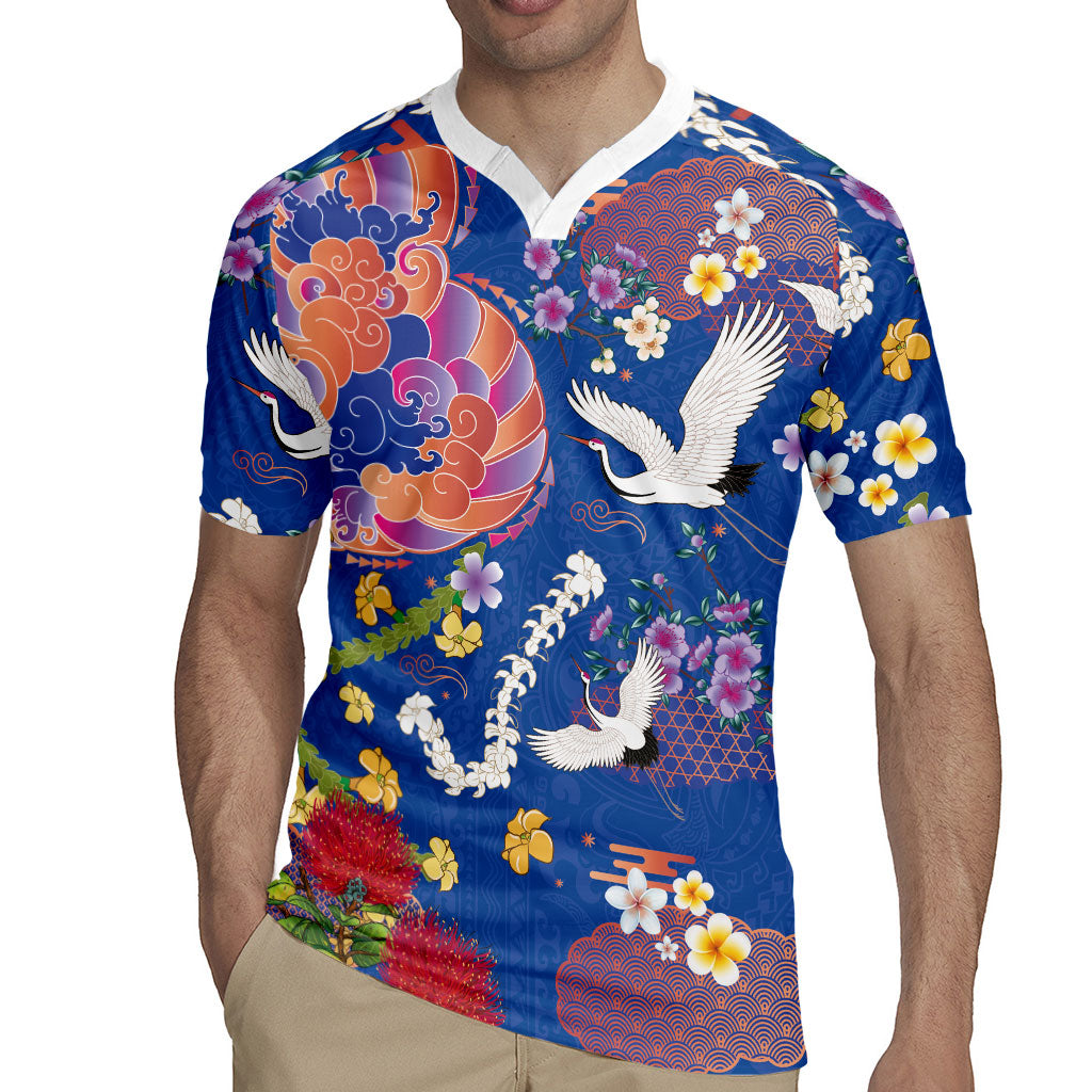 Hawaiian and Japanese Culture Together Rugby Jersey Kakau Tribal Pattern and Irezumi Art Blue Color