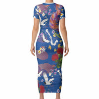 Hawaiian and Japanese Culture Together Short Sleeve Bodycon Dress Kakau Tribal Pattern and Irezumi Art Blue Color
