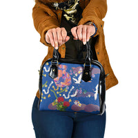 Hawaiian and Japanese Culture Together Shoulder Handbag Kakau Tribal Pattern and Irezumi Art Blue Color