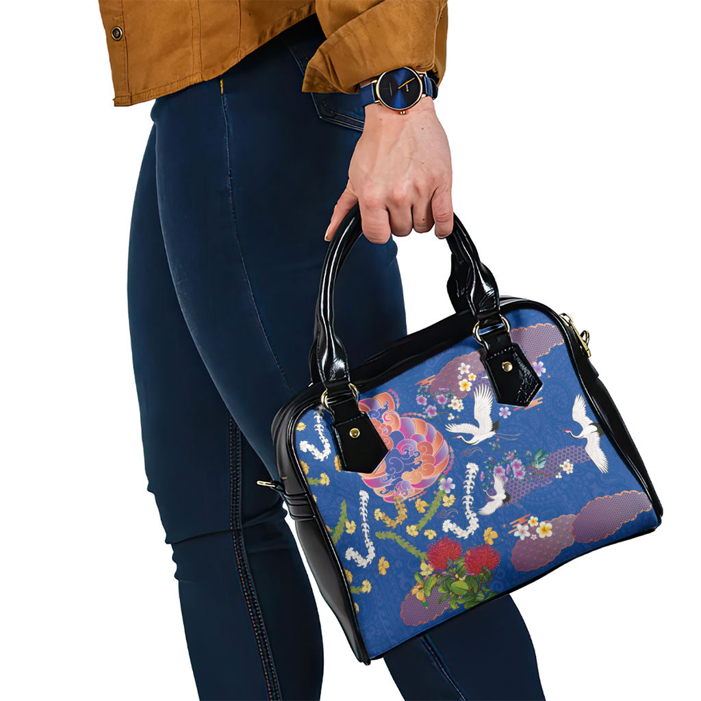 Hawaiian and Japanese Culture Together Shoulder Handbag Kakau Tribal Pattern and Irezumi Art Blue Color