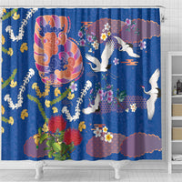 Hawaiian and Japanese Culture Together Shower Curtain Kakau Tribal Pattern and Irezumi Art Blue Color