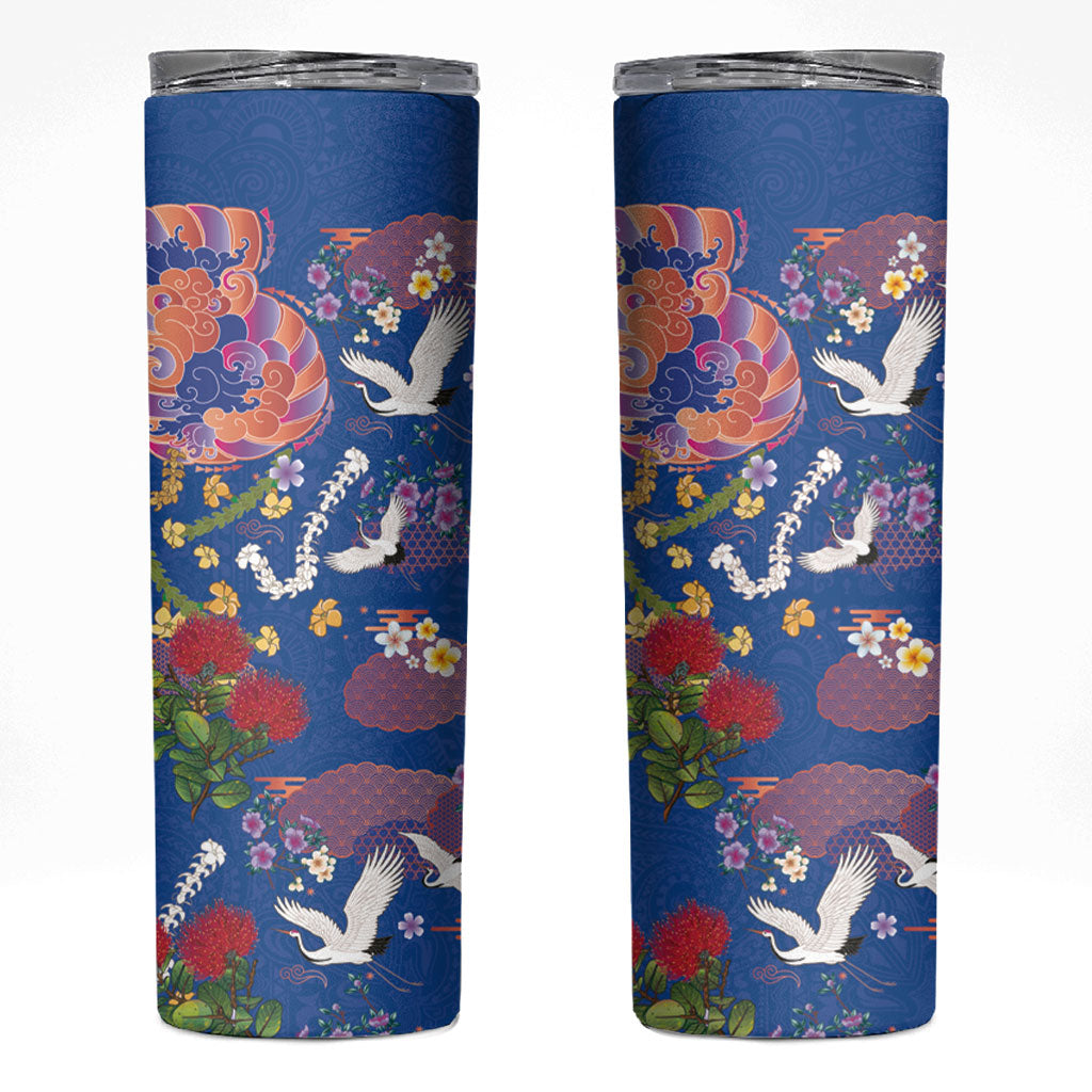 Hawaiian and Japanese Culture Together Skinny Tumbler Kakau Tribal Pattern and Irezumi Art Blue Color