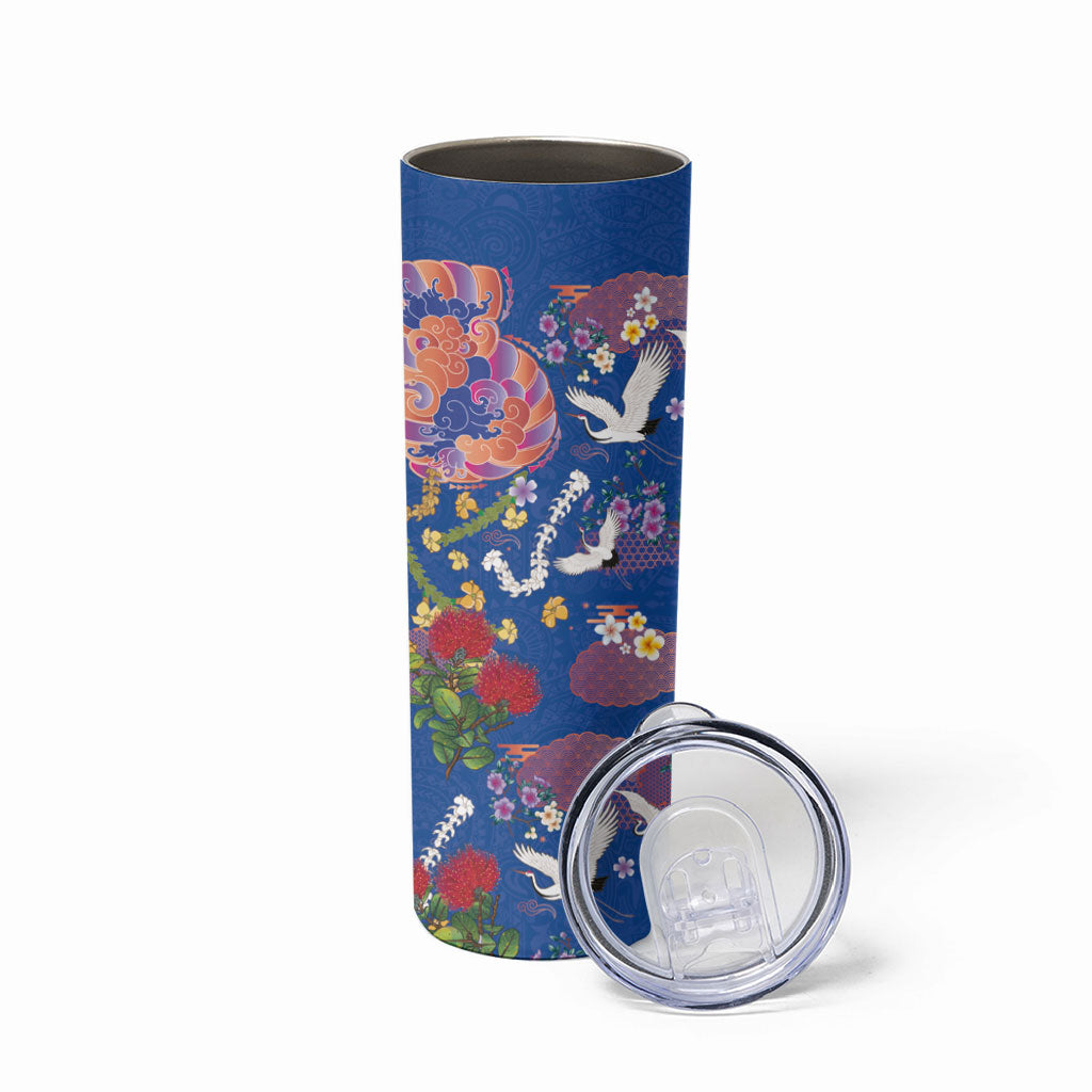 Hawaiian and Japanese Culture Together Skinny Tumbler Kakau Tribal Pattern and Irezumi Art Blue Color