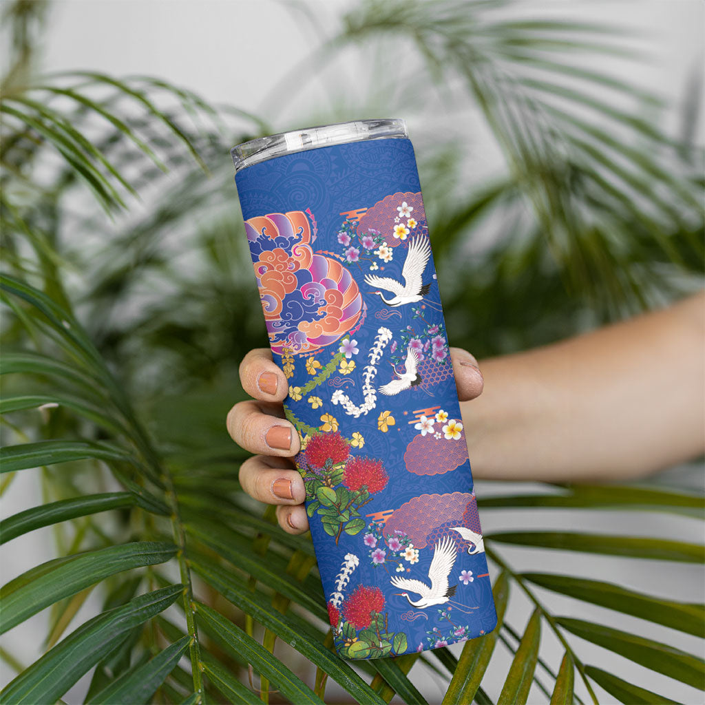 Hawaiian and Japanese Culture Together Skinny Tumbler Kakau Tribal Pattern and Irezumi Art Blue Color