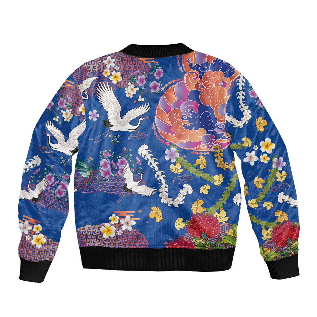 Hawaiian and Japanese Culture Together Sleeve Zip Bomber Jacket Kakau Tribal Pattern and Irezumi Art Blue Color