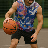 Hawaiian and Japanese Culture Together Sleeveless Hoodie Kakau Tribal Pattern and Irezumi Art Blue Color