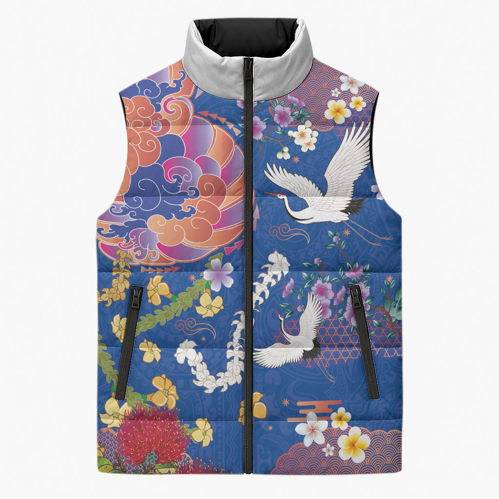 Hawaiian and Japanese Culture Together Sleeveless Puffer Jacket Kakau Tribal Pattern and Irezumi Art Blue Color LT03 Unisex Blue - Polynesian Pride