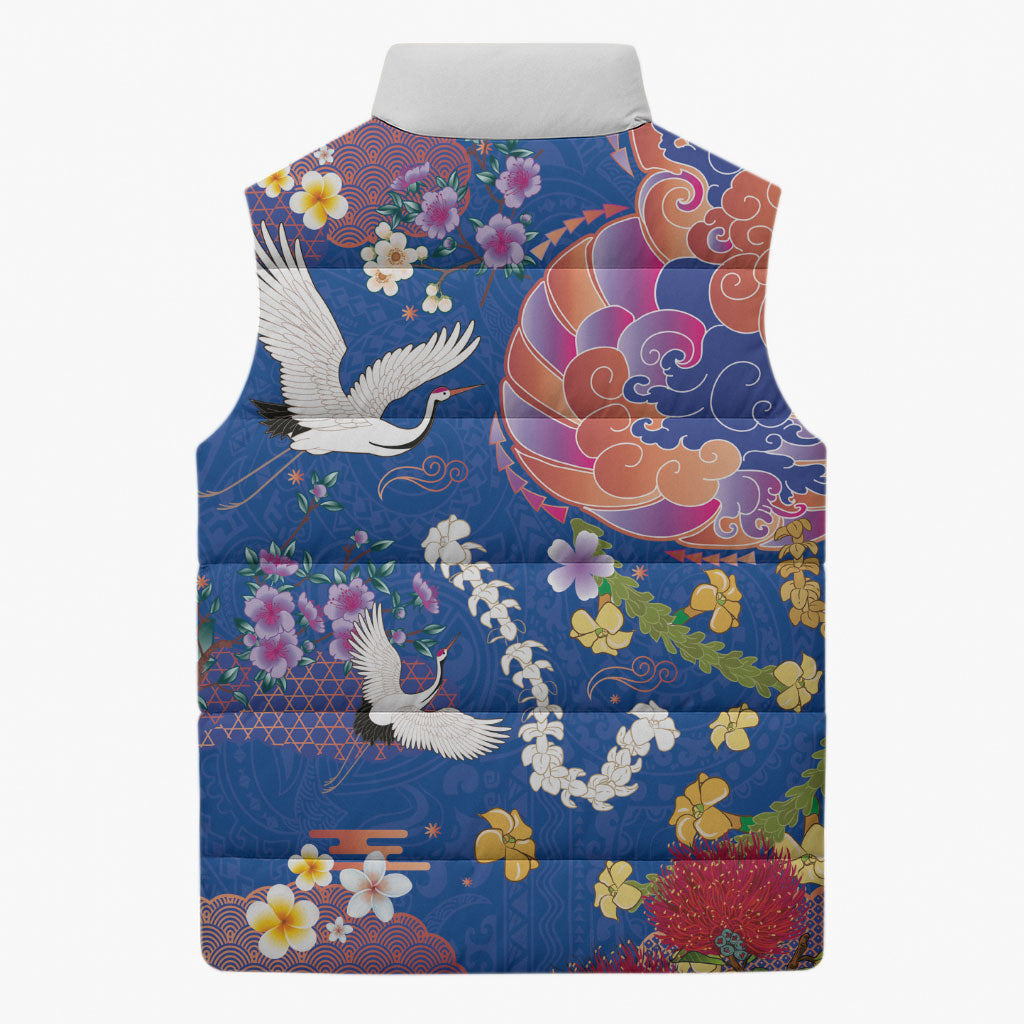 Hawaiian and Japanese Culture Together Sleeveless Puffer Jacket Kakau Tribal Pattern and Irezumi Art Blue Color