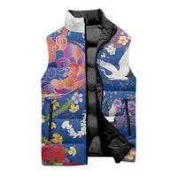 Hawaiian and Japanese Culture Together Sleeveless Puffer Jacket Kakau Tribal Pattern and Irezumi Art Blue Color