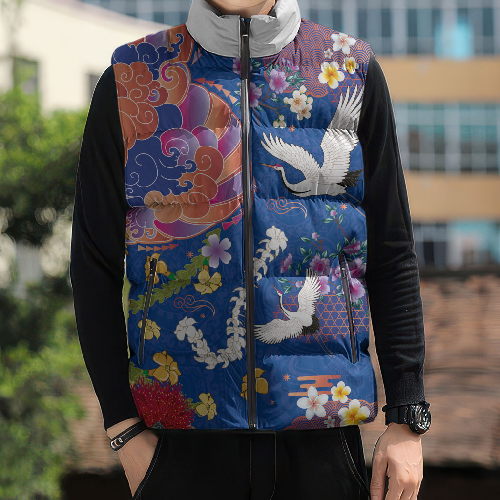 Hawaiian and Japanese Culture Together Sleeveless Puffer Jacket Kakau Tribal Pattern and Irezumi Art Blue Color