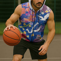 Hawaiian and Japanese Culture Together Sleeveless Zip Hoodie Kakau Tribal Pattern and Irezumi Art Blue Color
