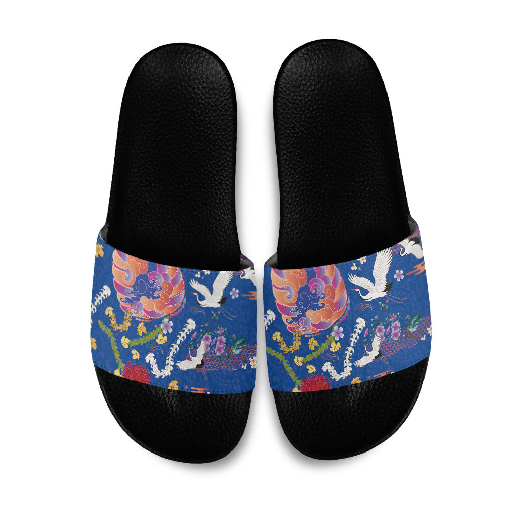 Hawaiian and Japanese Culture Together Slide Sandals Kakau Tribal Pattern and Irezumi Art Blue Color