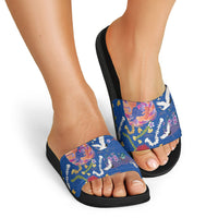 Hawaiian and Japanese Culture Together Slide Sandals Kakau Tribal Pattern and Irezumi Art Blue Color