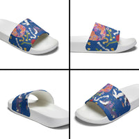 Hawaiian and Japanese Culture Together Slide Sandals Kakau Tribal Pattern and Irezumi Art Blue Color