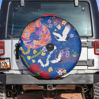 Hawaiian and Japanese Culture Together Spare Tire Cover Kakau Tribal Pattern and Irezumi Art Blue Color