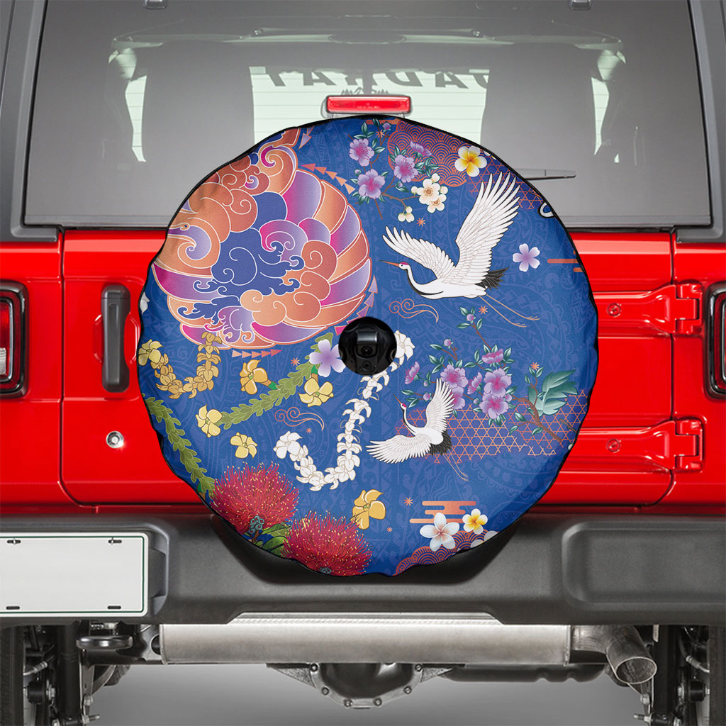 Hawaiian and Japanese Culture Together Spare Tire Cover Kakau Tribal Pattern and Irezumi Art Blue Color