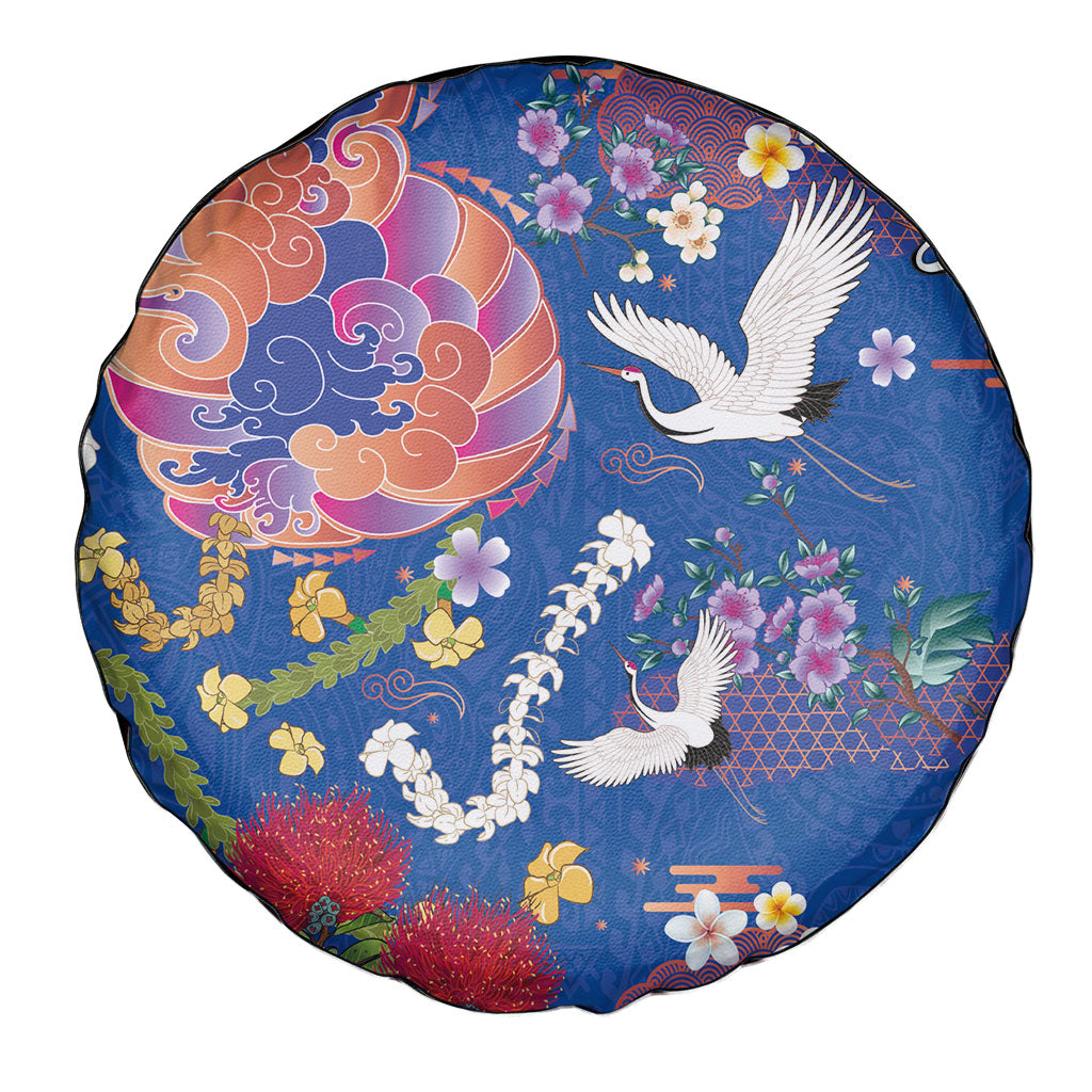 Hawaiian and Japanese Culture Together Spare Tire Cover Kakau Tribal Pattern and Irezumi Art Blue Color