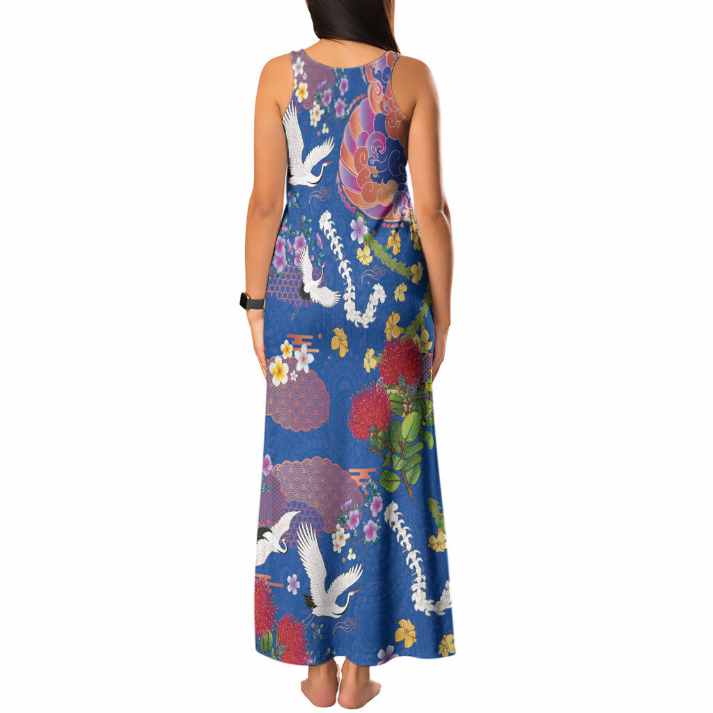 Hawaiian and Japanese Culture Together Tank Maxi Dress Kakau Tribal Pattern and Irezumi Art Blue Color