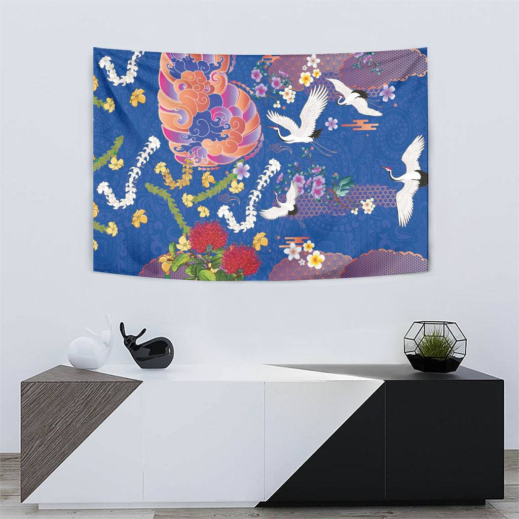Hawaiian and Japanese Culture Together Tapestry Kakau Tribal Pattern and Irezumi Art Blue Color