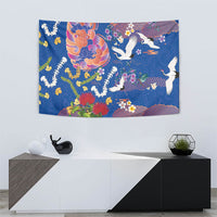 Hawaiian and Japanese Culture Together Tapestry Kakau Tribal Pattern and Irezumi Art Blue Color