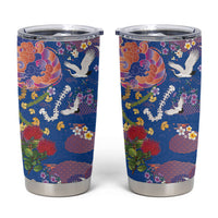 Hawaiian and Japanese Culture Together Tumbler Cup Kakau Tribal Pattern and Irezumi Art Blue Color