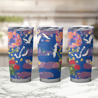 Hawaiian and Japanese Culture Together Tumbler Cup Kakau Tribal Pattern and Irezumi Art Blue Color