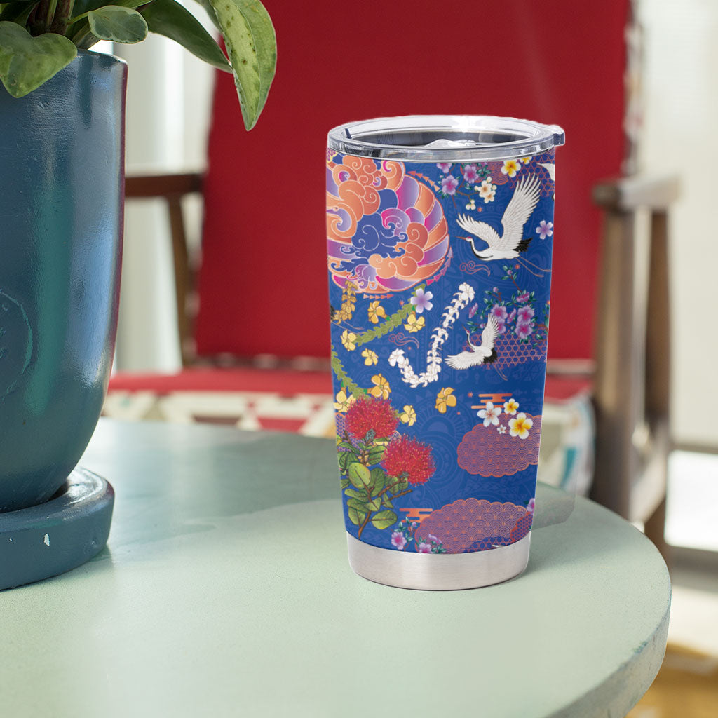 Hawaiian and Japanese Culture Together Tumbler Cup Kakau Tribal Pattern and Irezumi Art Blue Color