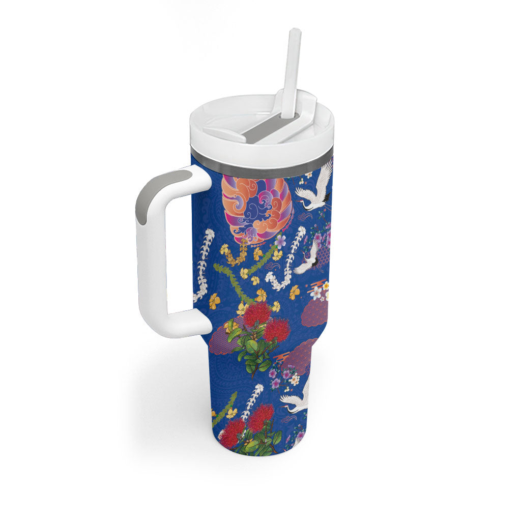 Hawaiian and Japanese Culture Together Tumbler With Handle Kakau Tribal Pattern and Irezumi Art Blue Color