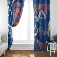 Hawaiian and Japanese Culture Together Window Curtain Kakau Tribal Pattern and Irezumi Art Blue Color