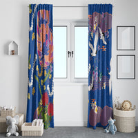 Hawaiian and Japanese Culture Together Window Curtain Kakau Tribal Pattern and Irezumi Art Blue Color