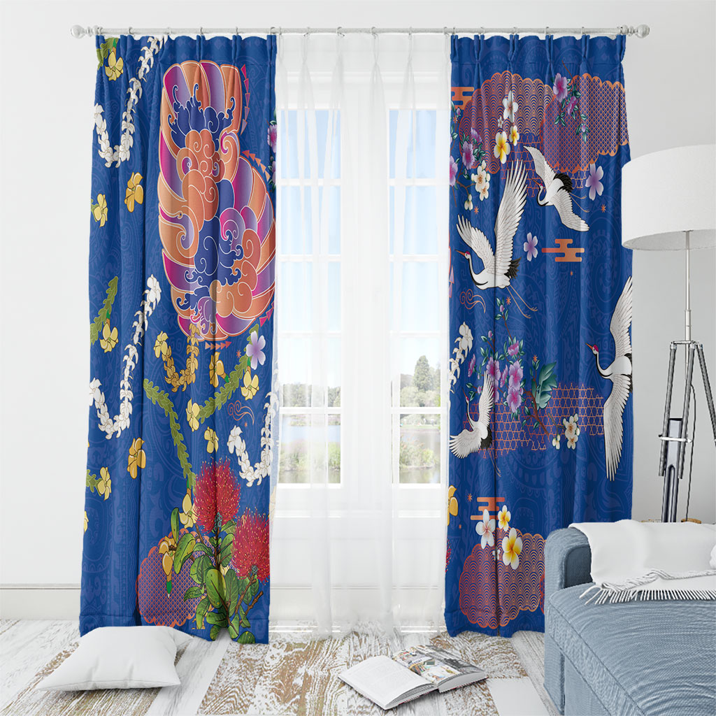 Hawaiian and Japanese Culture Together Window Curtain Kakau Tribal Pattern and Irezumi Art Blue Color