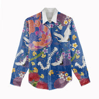 Hawaiian and Japanese Culture Together Women Casual Shirt Kakau Tribal Pattern and Irezumi Art Blue Color