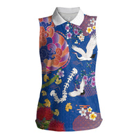 Hawaiian and Japanese Culture Together Women Sleeveless Polo Shirt Kakau Tribal Pattern and Irezumi Art Blue Color