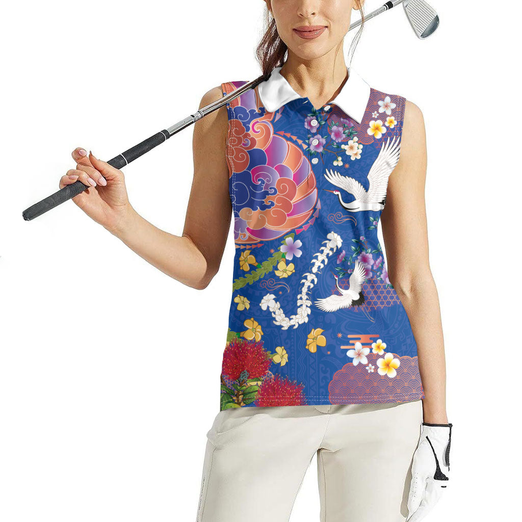 Hawaiian and Japanese Culture Together Women Sleeveless Polo Shirt Kakau Tribal Pattern and Irezumi Art Blue Color