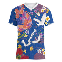 Hawaiian and Japanese Culture Together Women V-Neck T-Shirt Kakau Tribal Pattern and Irezumi Art Blue Color